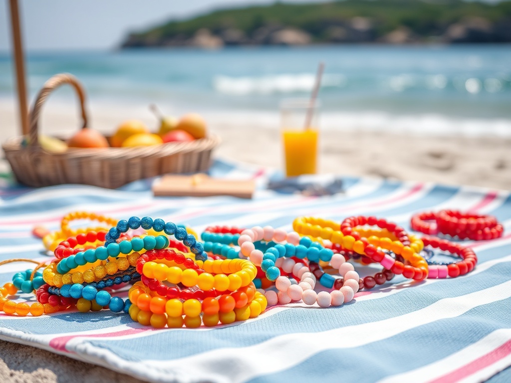 Bracelete colorate pe un prosop de plajă, cu un coș de fructe și un pahar de suc de portocale în fundal.