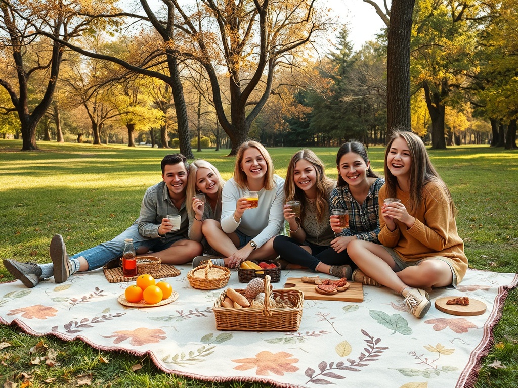 Un grup de șase prieteni se bucură de un picnic într-un parc, zâmbind și savurând băuturi și gustări.