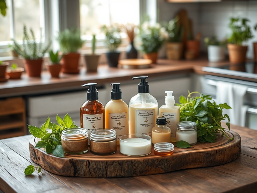 Produse cosmetice naturale aranjate pe o tavă din lemn, alături de plante verzi într-o bucătărie luminoasă.