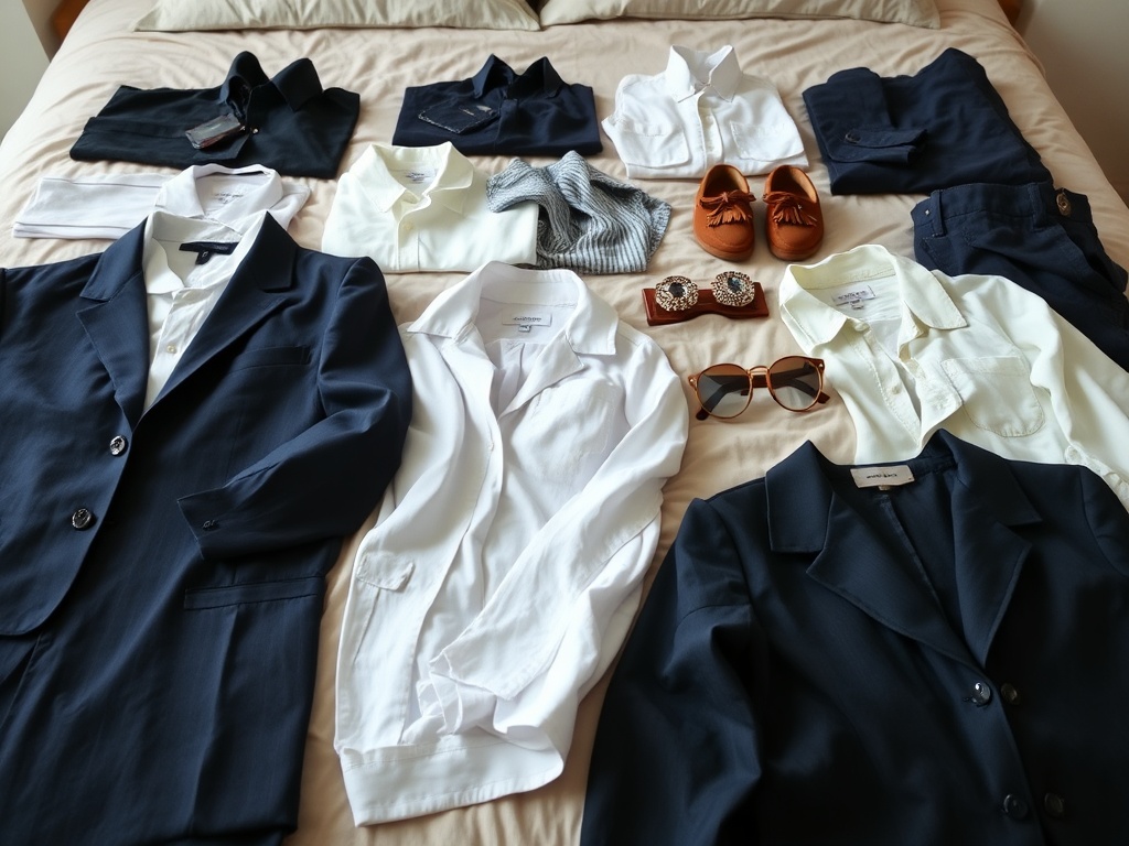 Haine diverse așezate pe un pat: costume, cămăși, încălțăminte și accesorii variate.